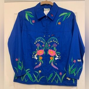 Quaker Factory Blue Embroidered NWT Large Spring Summer Jacket.          2019